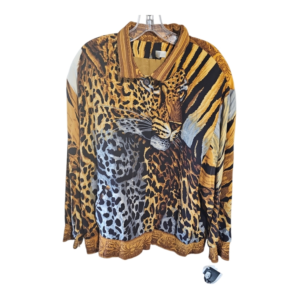 VTG Peter Nygard NWT 100% Silk Blouse Leopard Tiger Mixed Animal Print Shirt 14